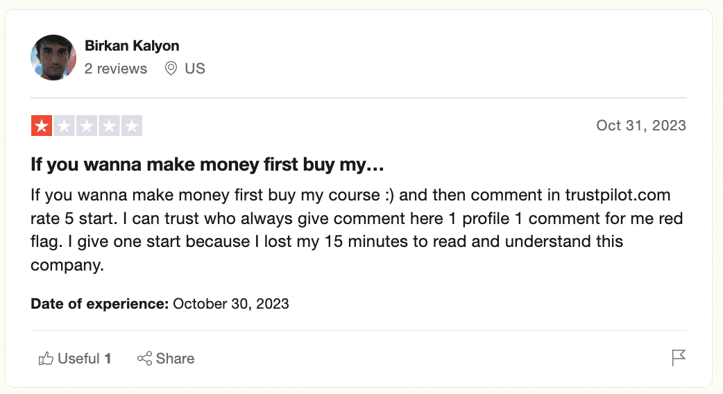 1 star review on Trustpilot
